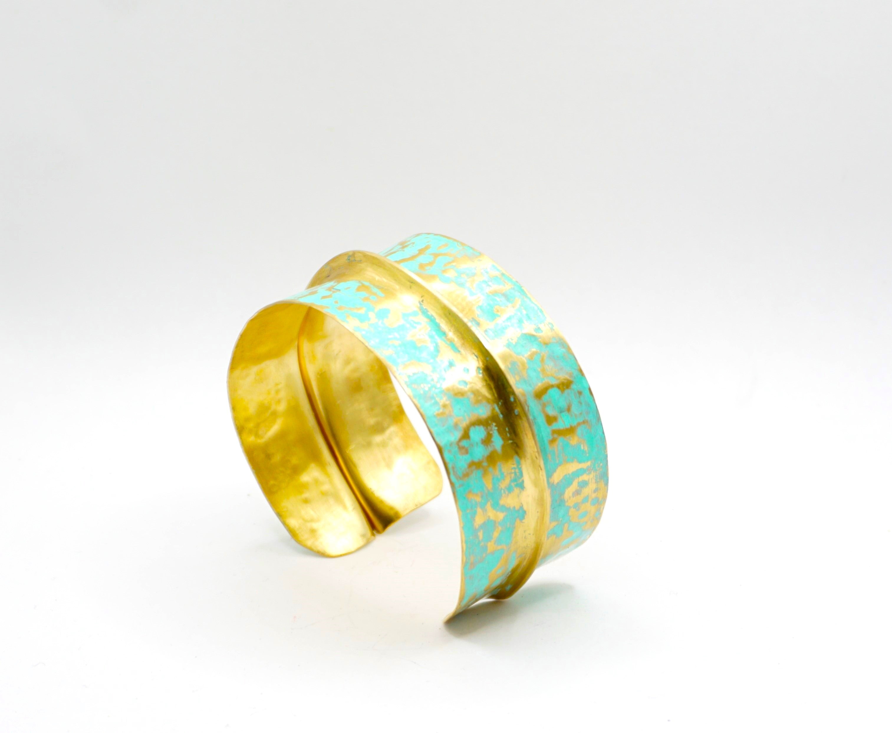 '' Ariadne '' Wide Brass Bracelet  Green Opal Color